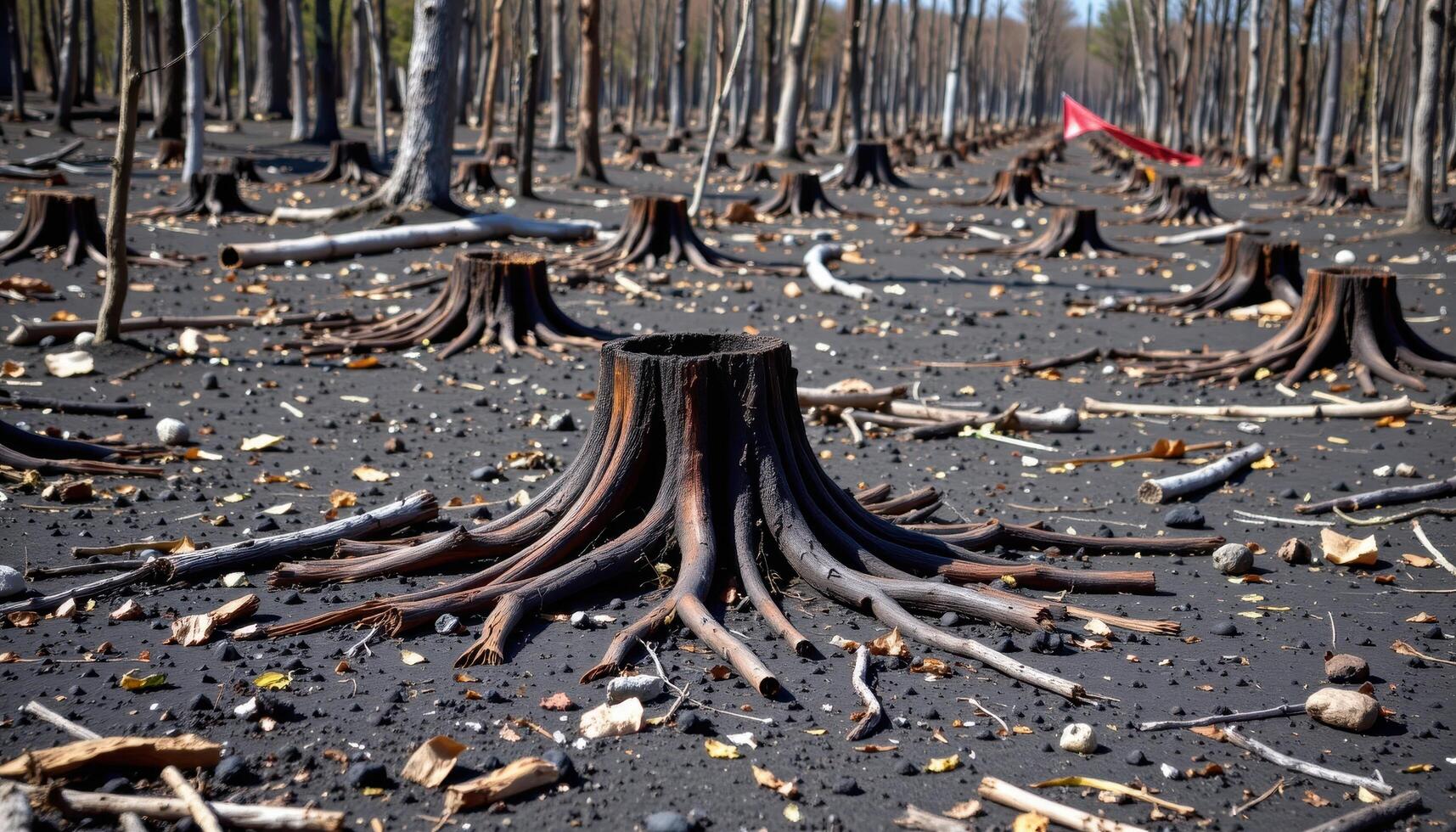 charred landscape with scorched tree stumps and ash photo