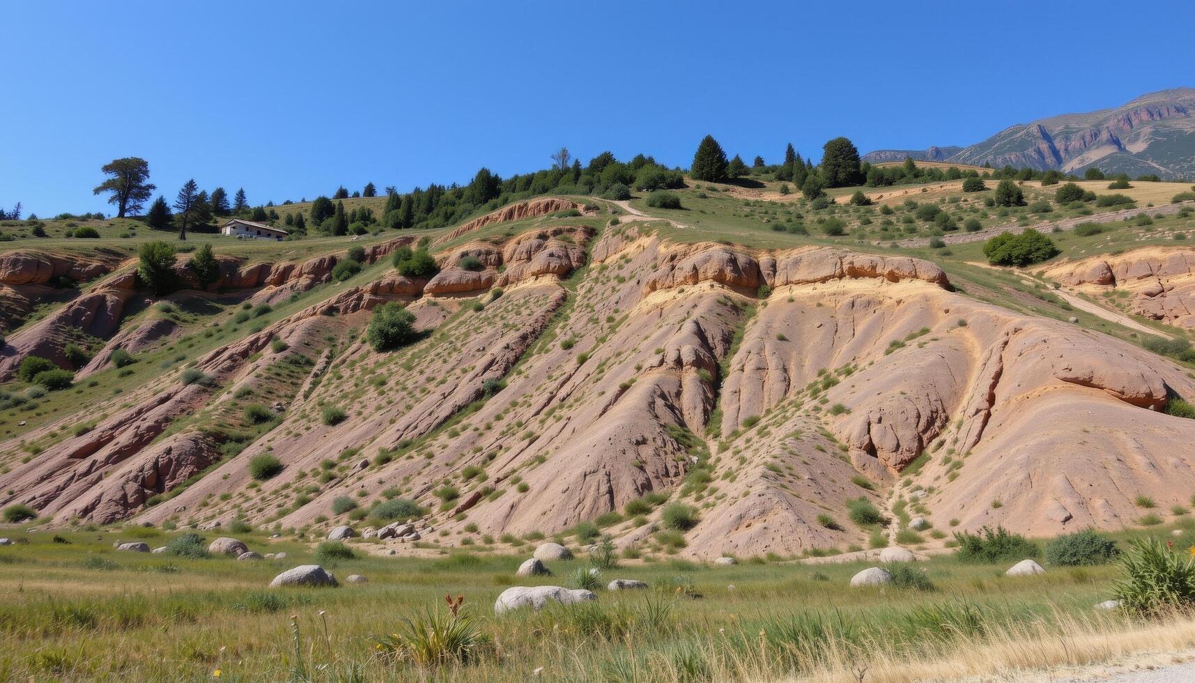 eroded hill slope with wavy rock formations photo