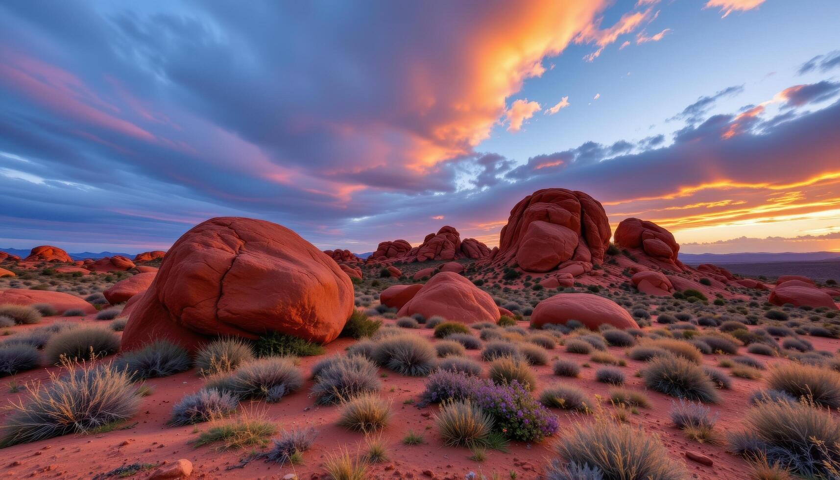 red sandstone boulders glowing under sunset rays photo