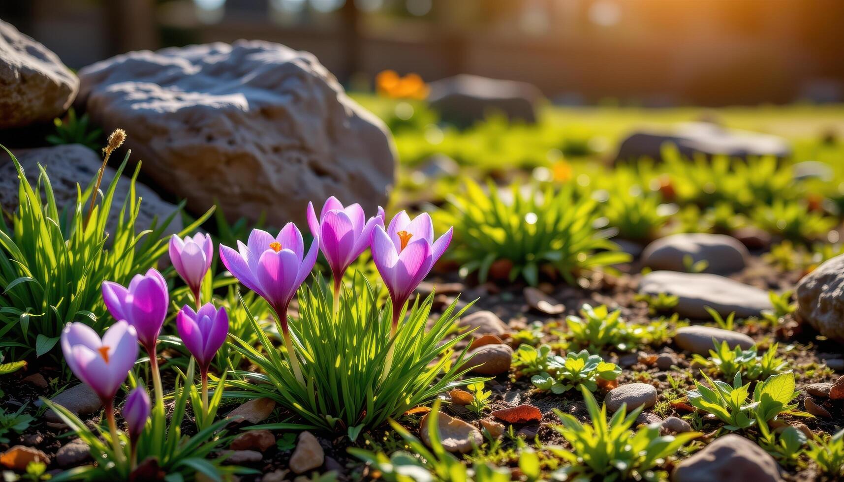 sunlit patch of crocuses blooming near old stones photo