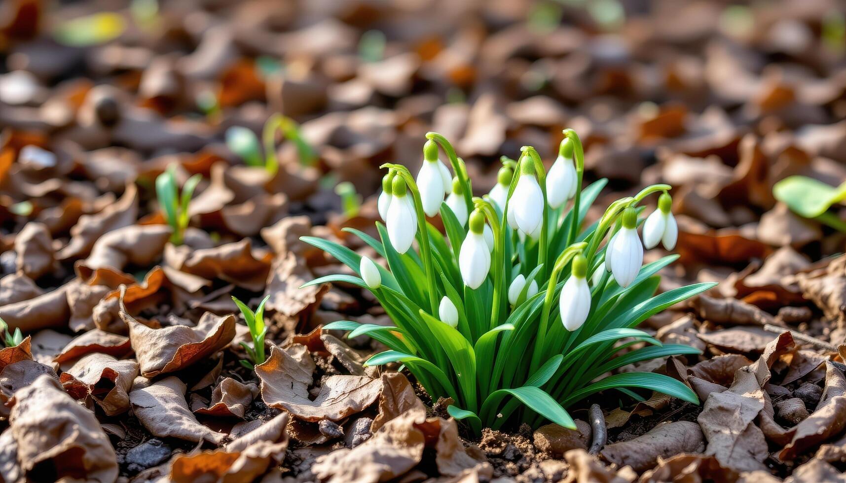 patch of snowdrops pushing through leaf litter photo