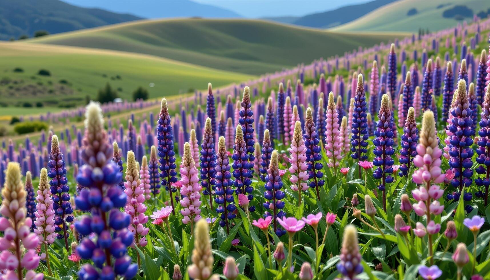 field of wild lupines with rolling hills photo
