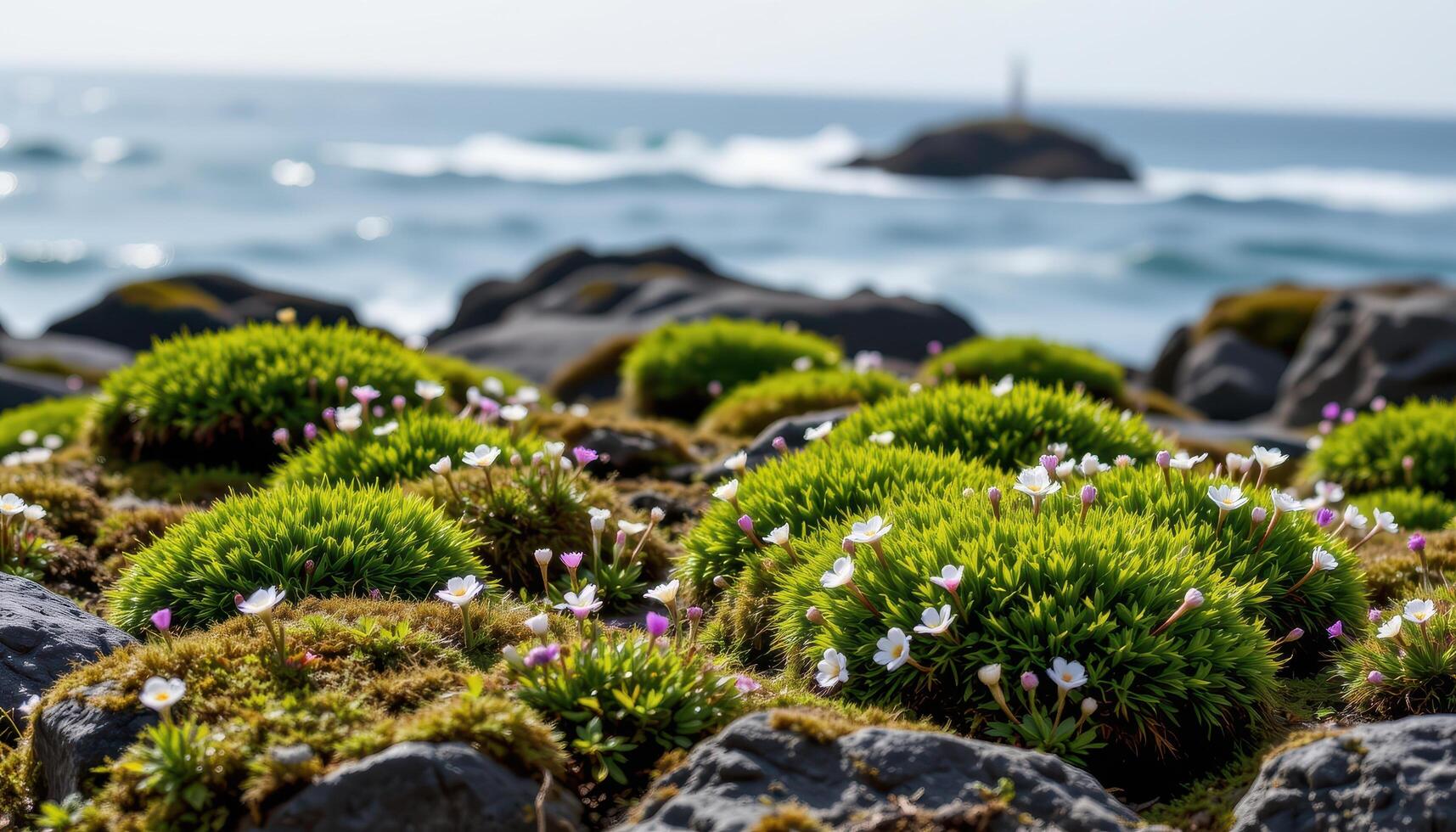 moss covered rocks surrounded by tiny blossoms photo