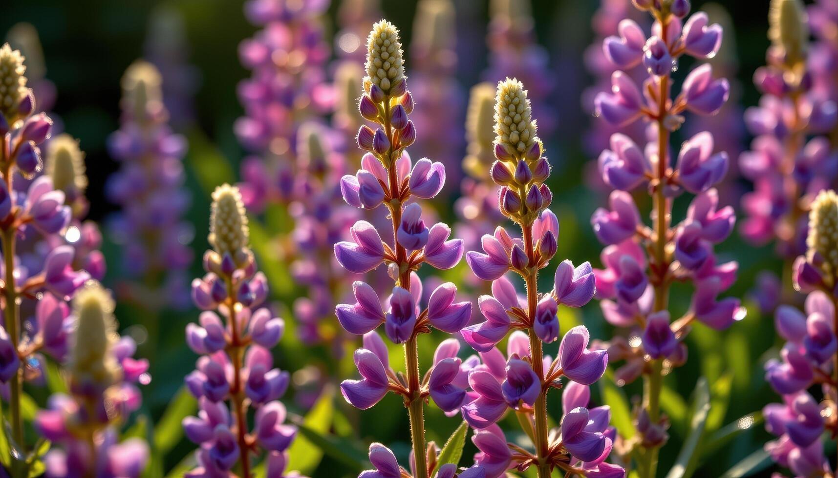 sunlight catching dewdrops on lupine petals photo