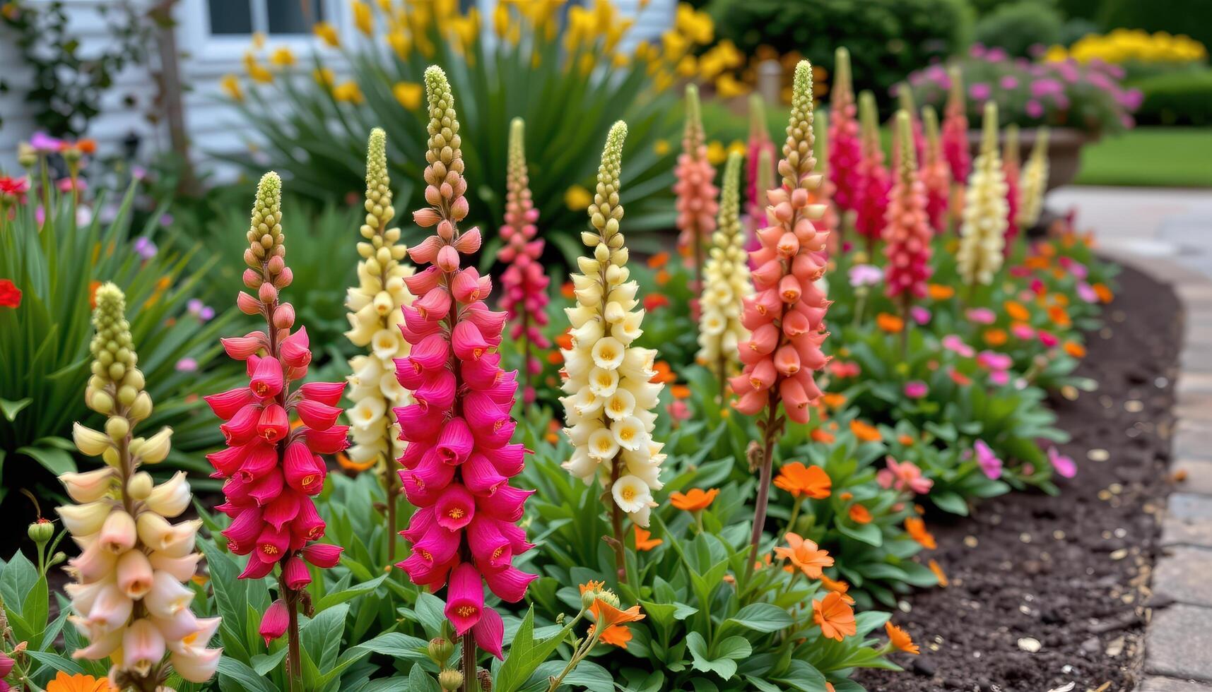 garden bed filled with snapdragon spires photo