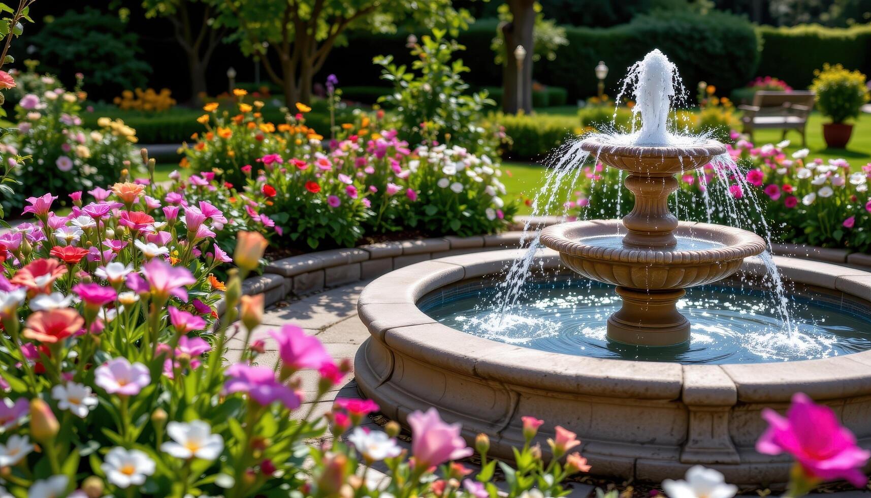 full bloom garden beside an empty fountain photo