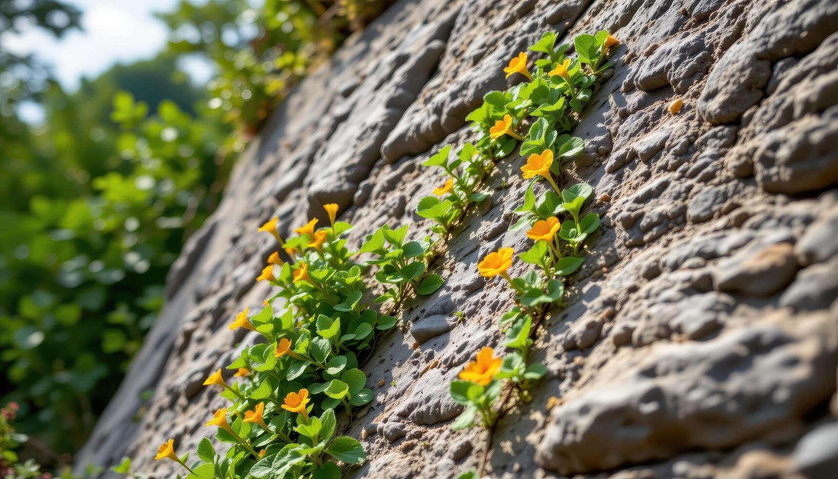 climbing nasturtium trailing down a rock face photo