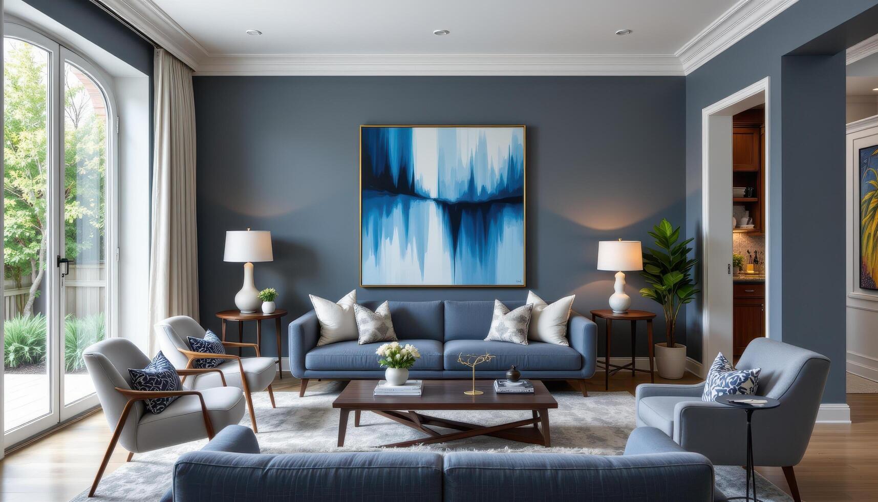 cool toned living room with blue gray palette and modern art photo