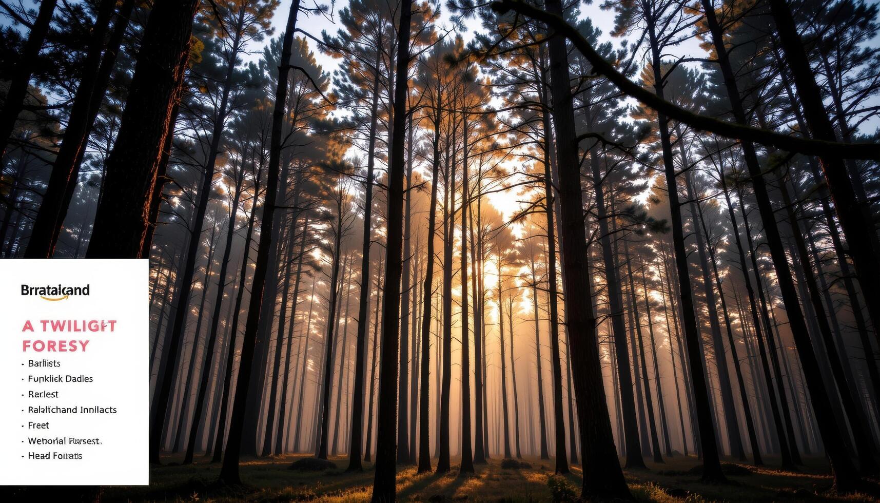 a twilight forest with fading light between tall trees. photo