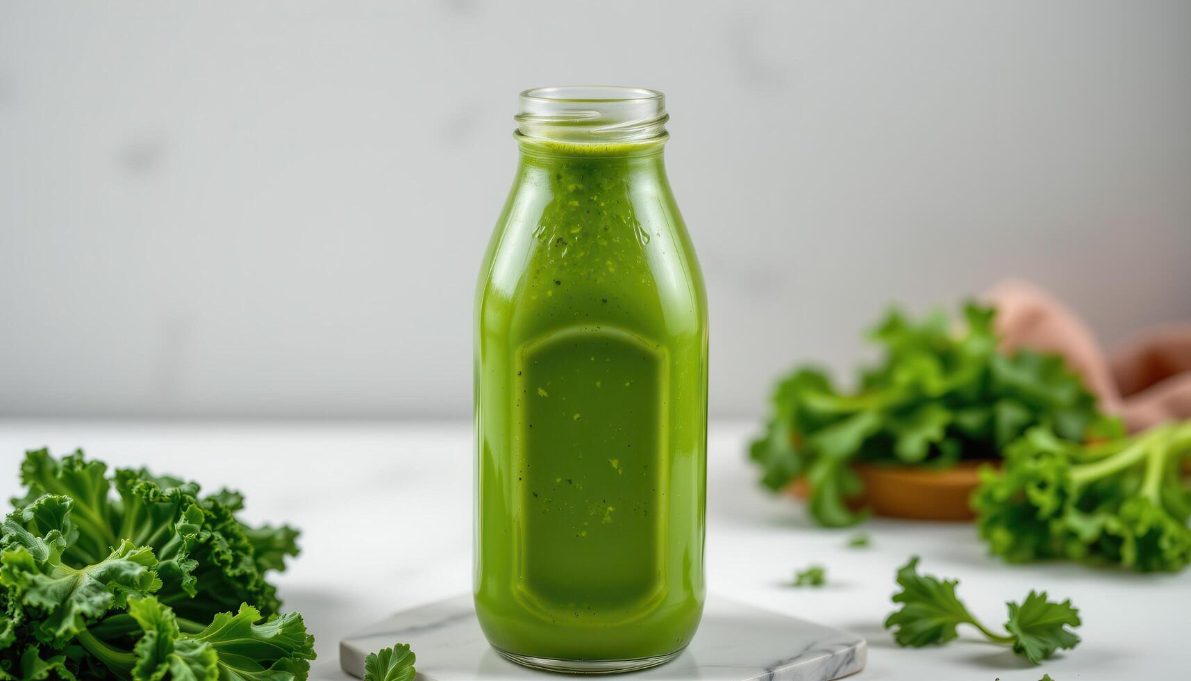 a bright green kale smoothie in a clear bottle. photo