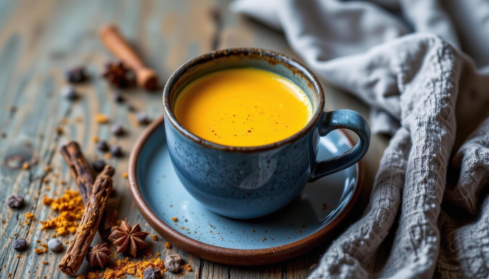 a warm cup of golden turmeric latte with spices nearby. photo