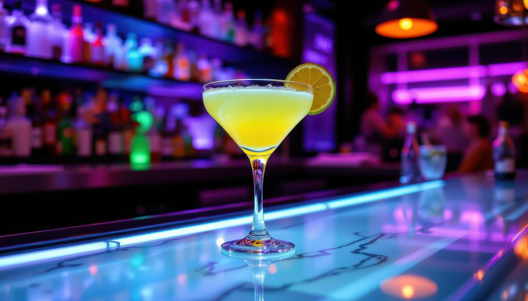 a glowing cocktail under blacklight on a sleek bar top. photo