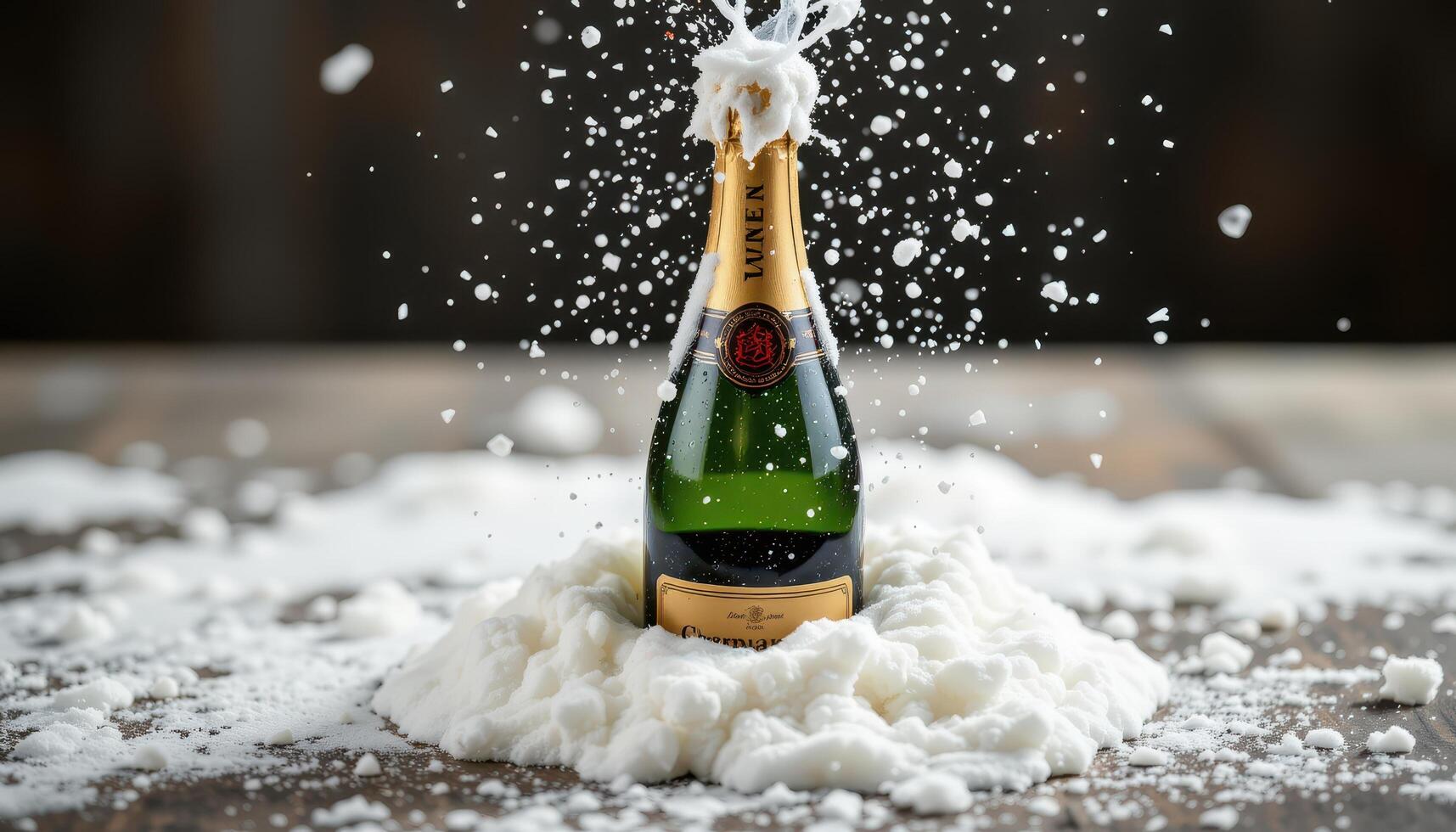 a bottle of champagne mid pop with foam spilling over. photo