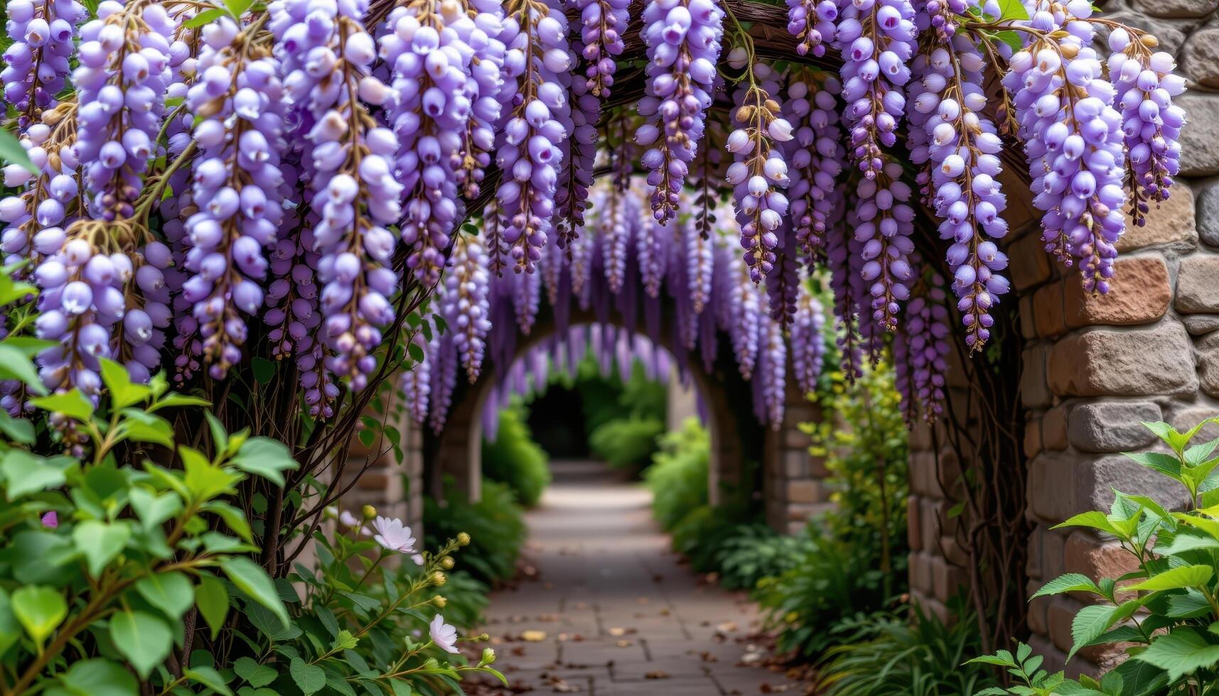 a blooming wisteria tunnel hanging over a stone path. photo