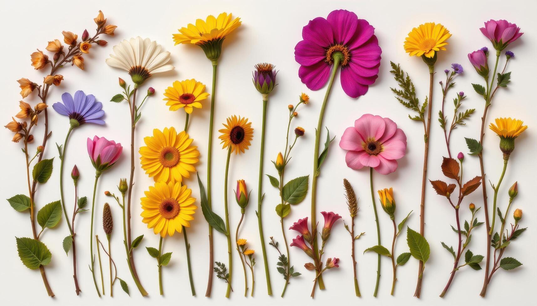 a collection of pressed flowers arranged artistically on paper. photo