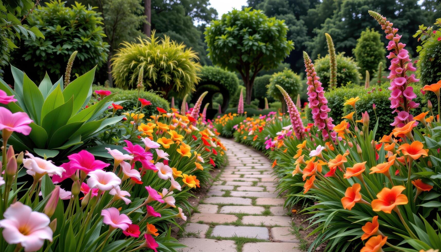 a botanical garden with paths lined with exotic blooms. photo