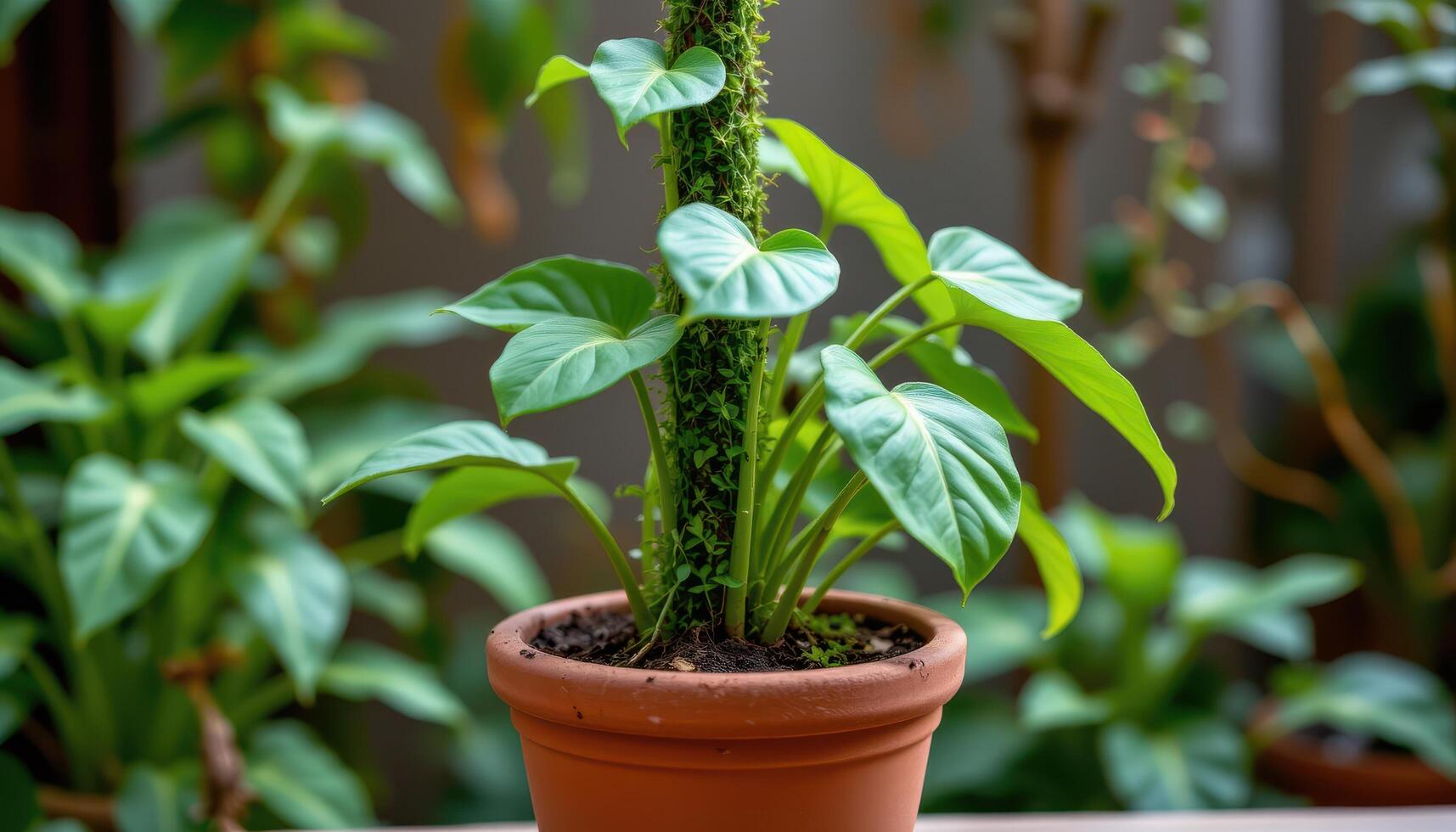 a philodendron climbing a moss pole in a terracotta pot. photo