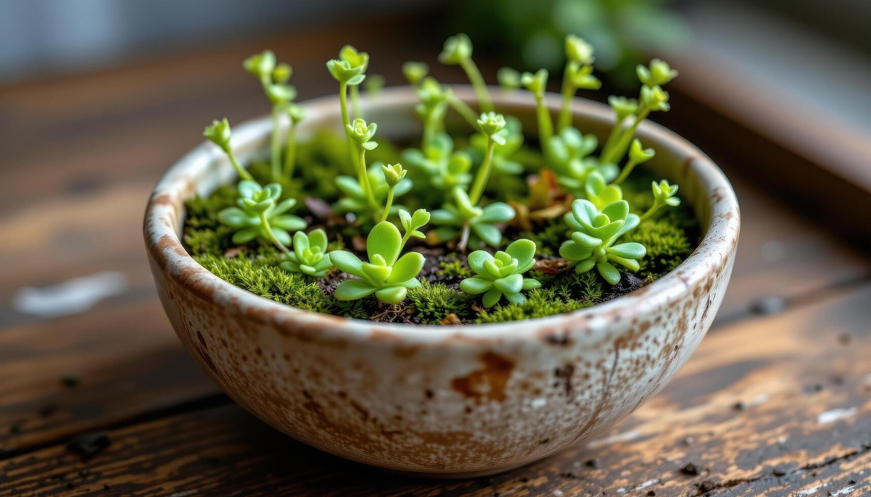 a ceramic bowl holding tiny air plants. photo
