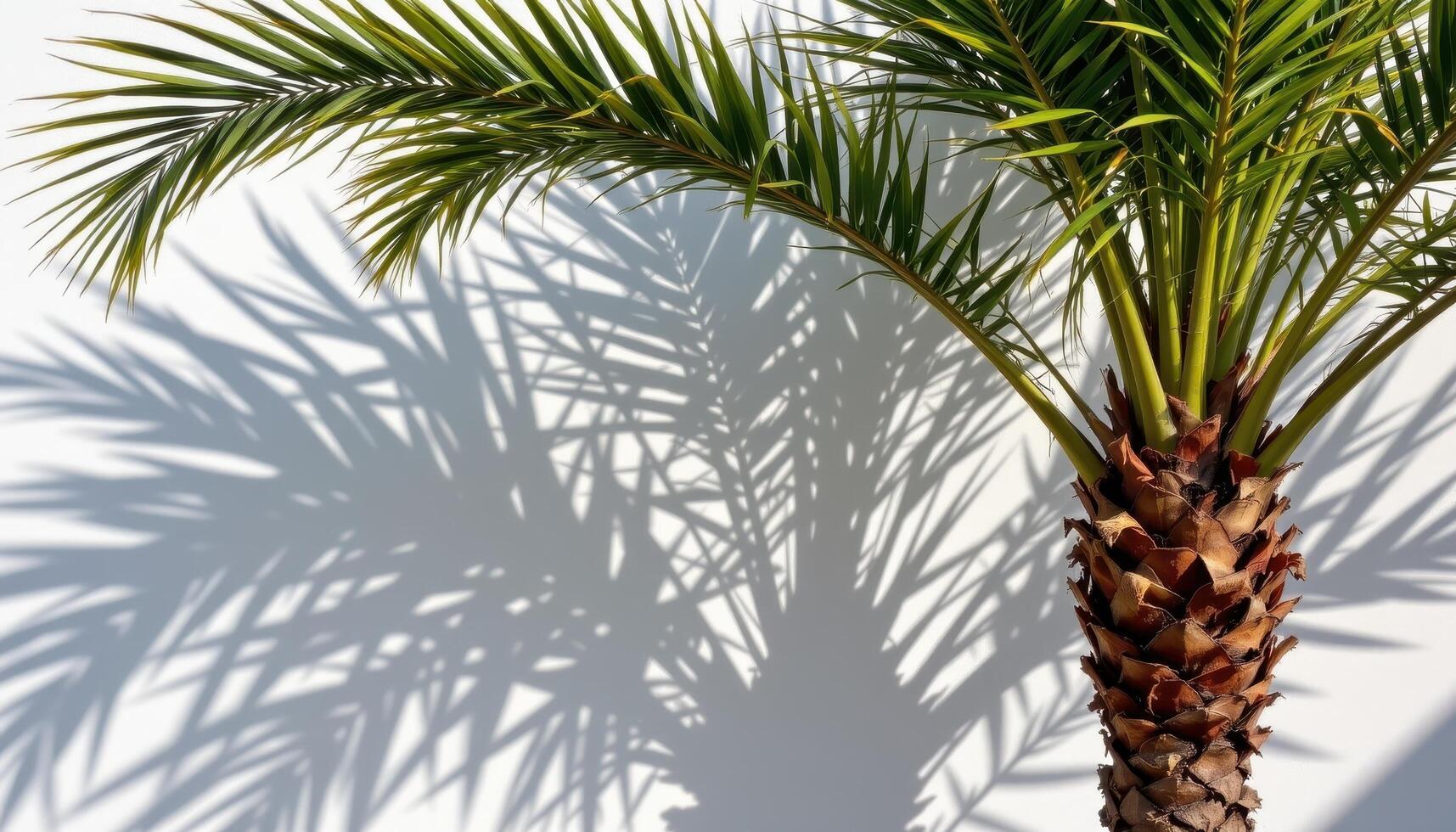 a tall areca palm casting shadows on a white wall. photo