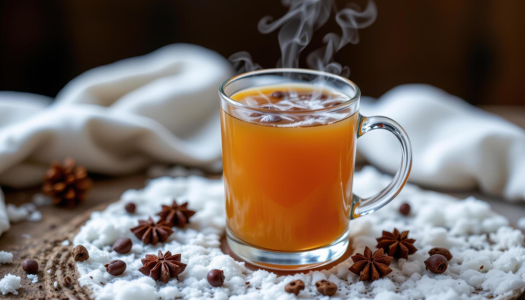 a glass of hot cider with steam and spices. photo