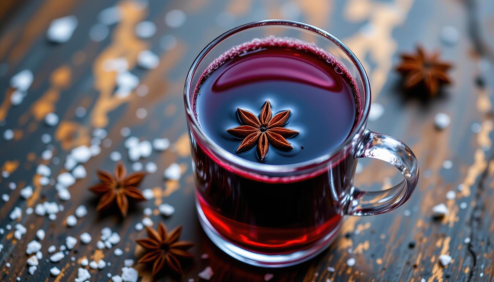 a glass of hot mulled wine with star anise. photo