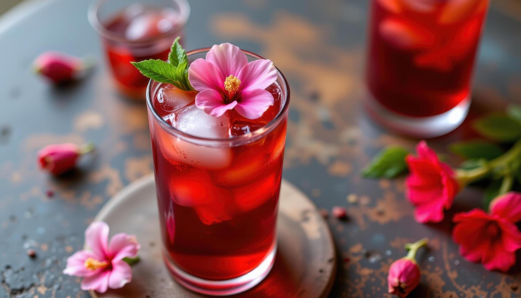 a glass of hibiscus iced tea with floral garnish. photo