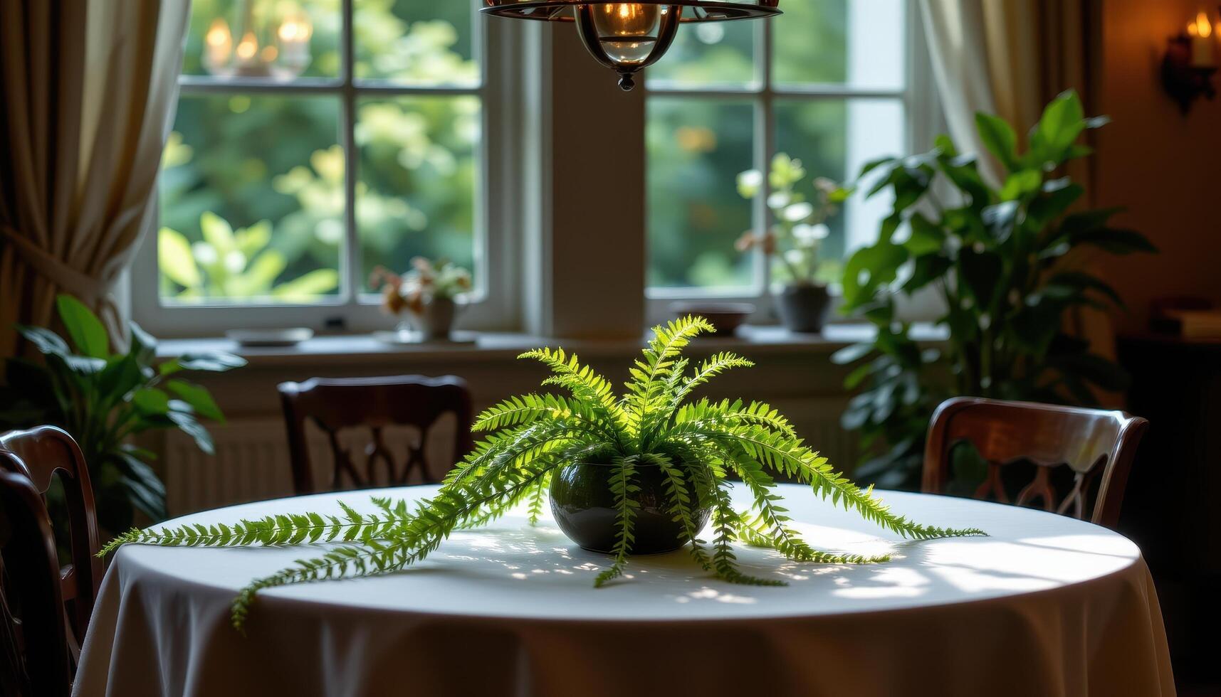 a fern covered table under soft warm lighting. photo