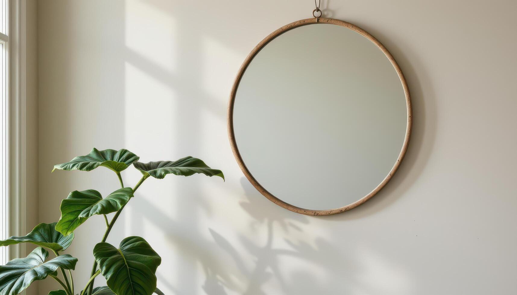 a single fiddle leaf fig beside a round mirror. photo