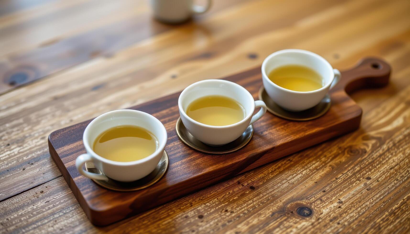 a tea flight with five small cups on a wooden board. photo