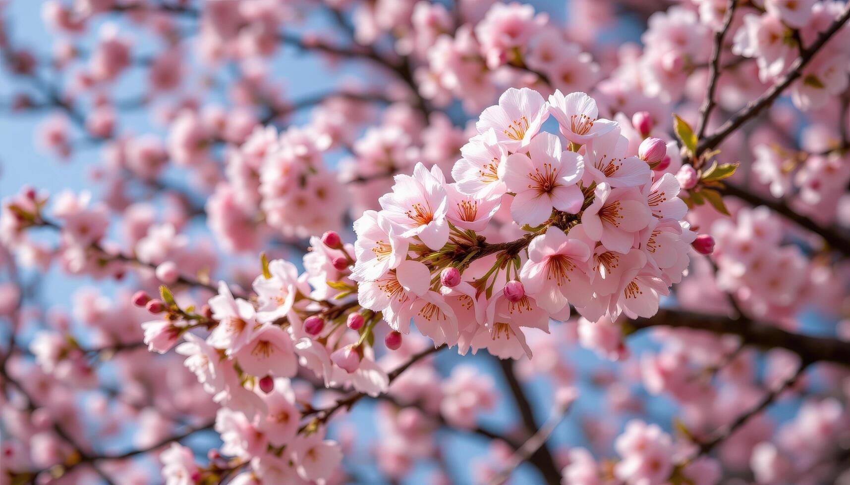a blooming cherry blossom tree with petals falling in the breeze. photo