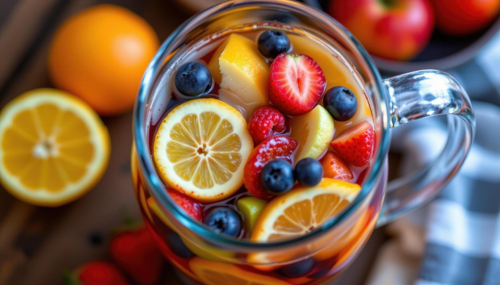 a sangria carafe full of colorful fruit slices. photo