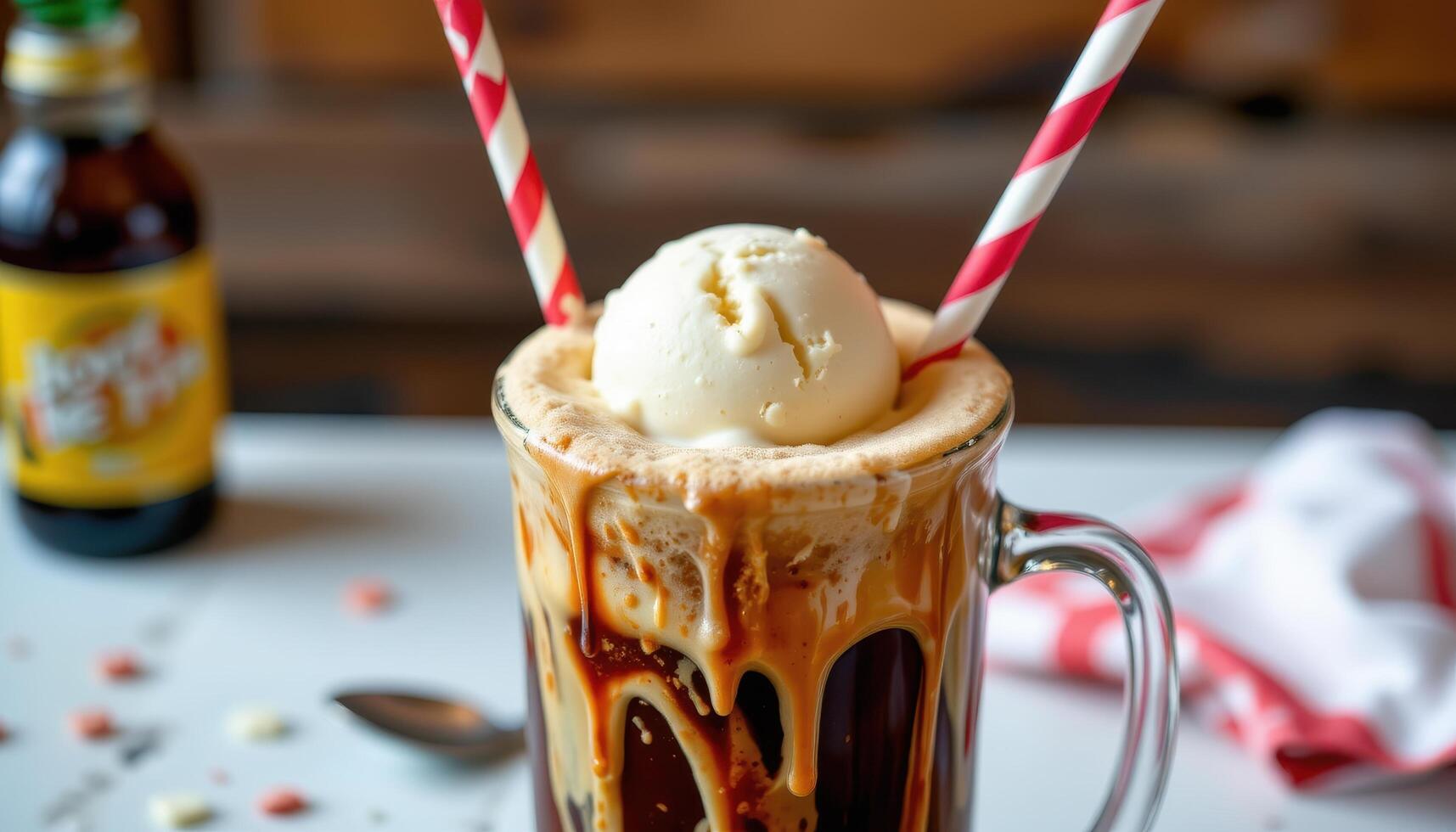 a classic root beer float with ice cream melting. photo