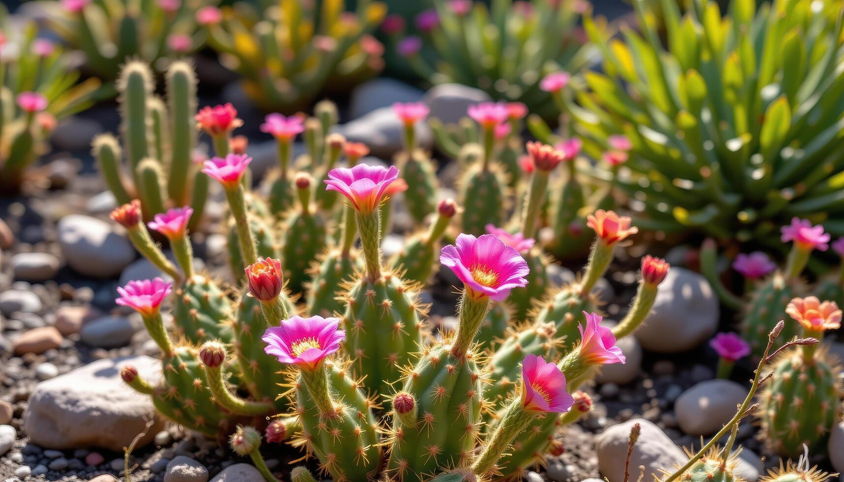 a cactus garden with pink flowers in the desert sun. photo