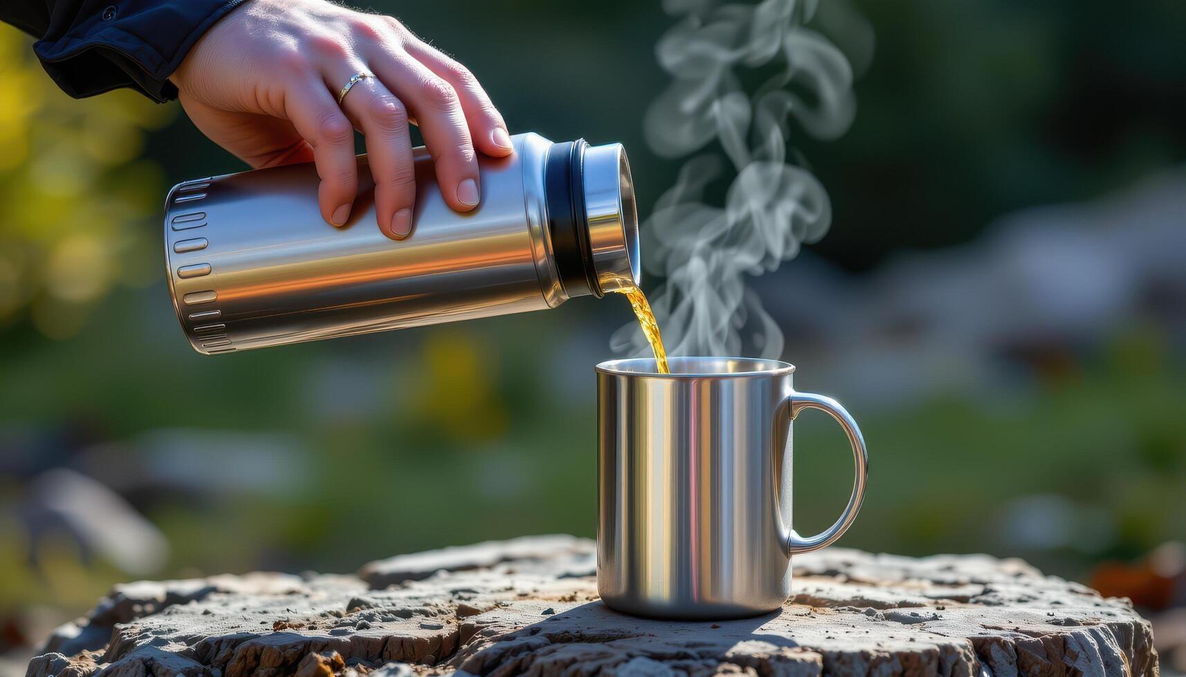 a thermos being poured into a steel camping mug. photo