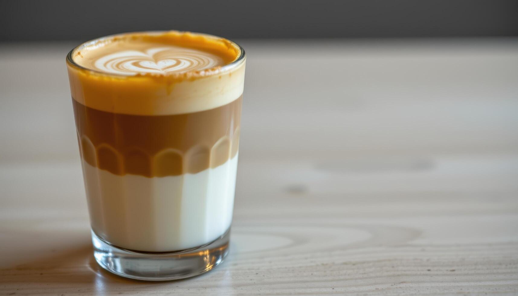 a latte with layered milk and espresso in glass. photo
