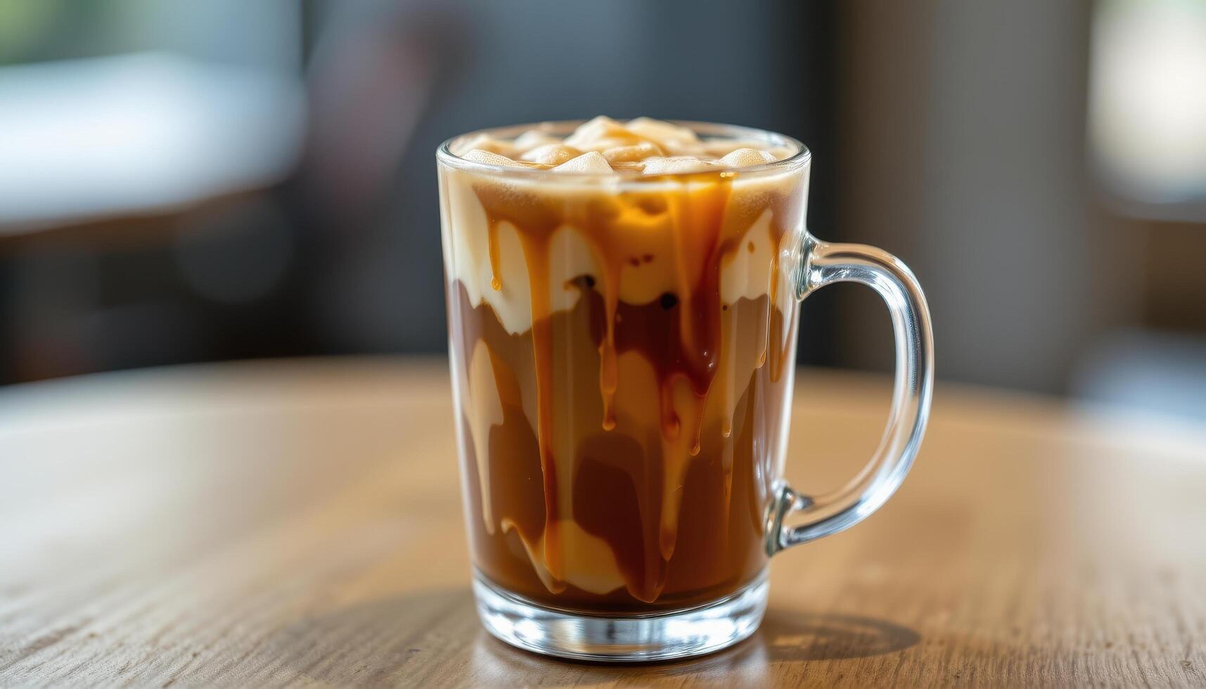 a layered iced coffee with caramel drizzle. photo