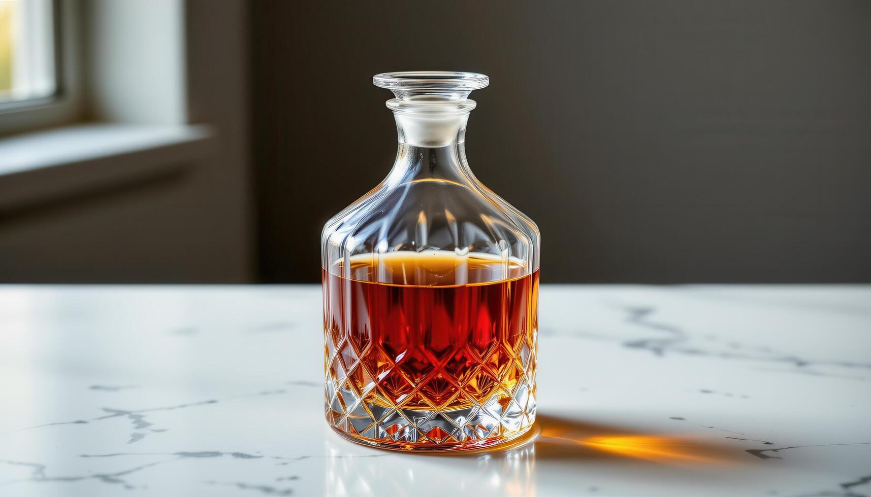 a crystal decanter filled with amber bourbon. photo