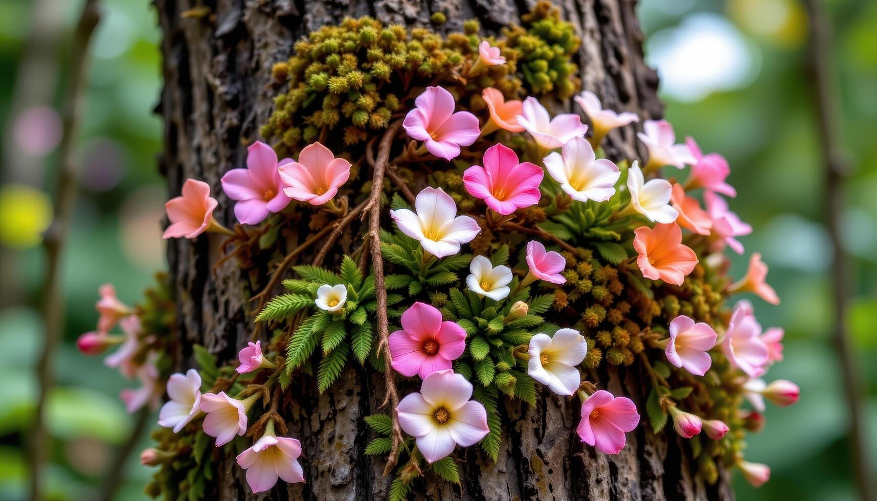 a tree trunk wrapped with blooming epiphytes. photo