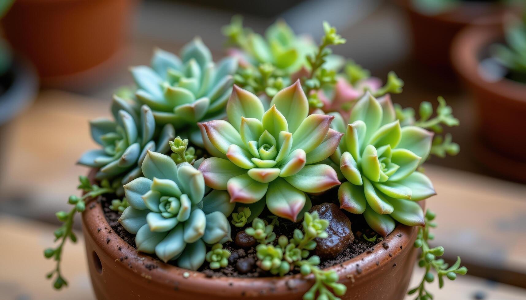 a decorative arrangement of succulents in a ceramic pot. photo