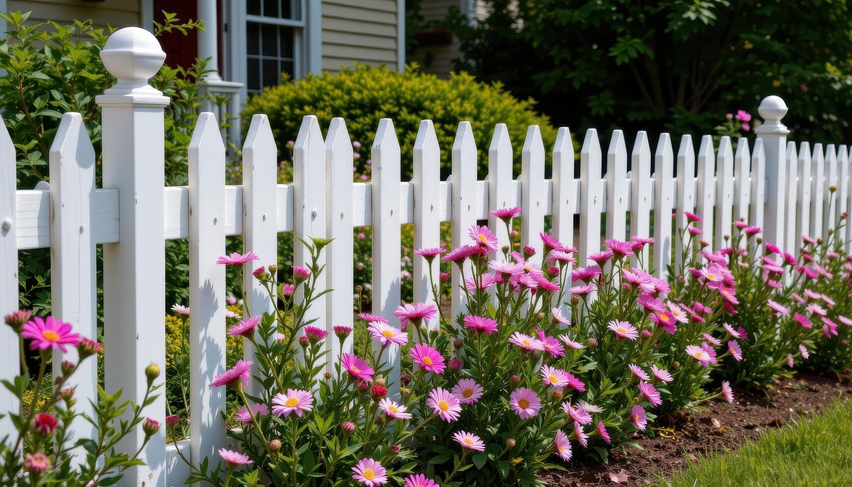 a white picket fence lined with flowering asters. photo