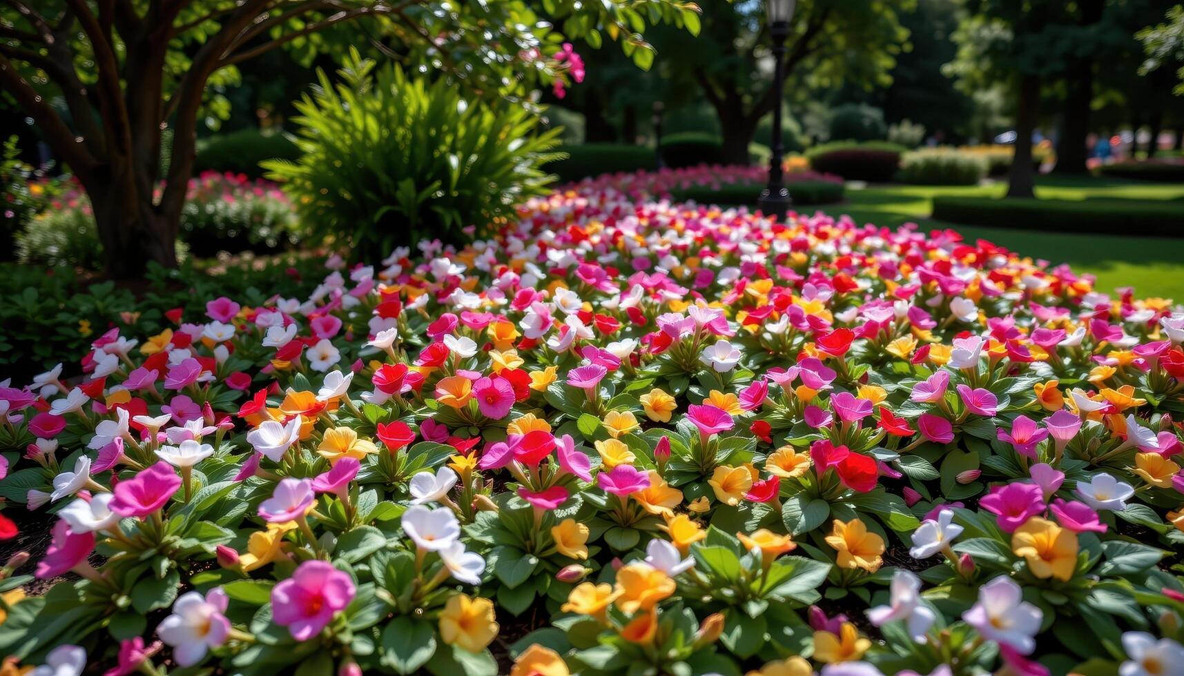 a bed of begonias in full color beneath shaded trees. photo