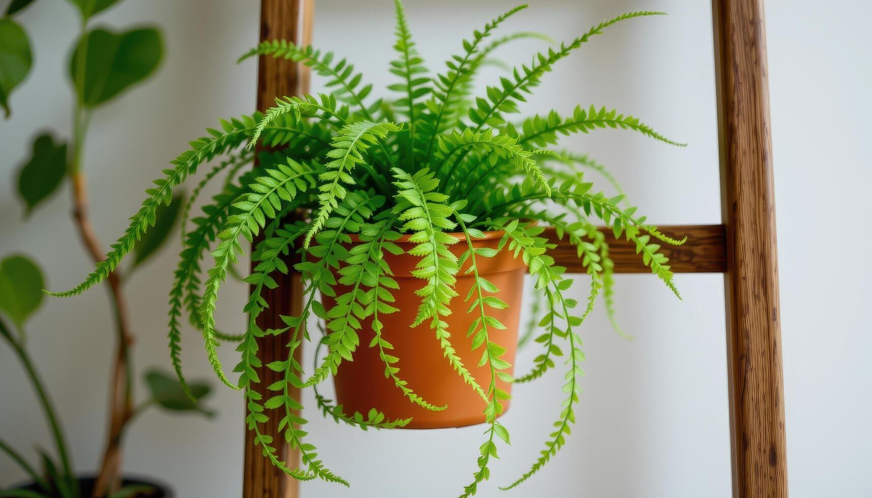 a fern on a wooden plant ladder. photo