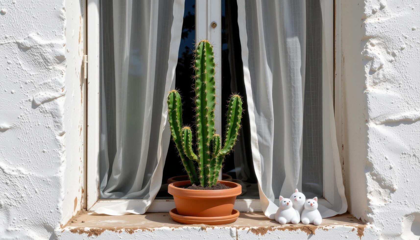 a cactus in a window frame with sheer curtains. photo