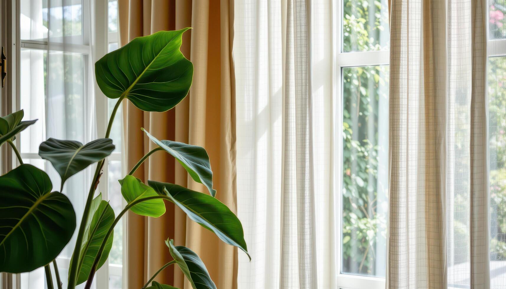 a fiddle leaf fig next to sheer curtains. photo