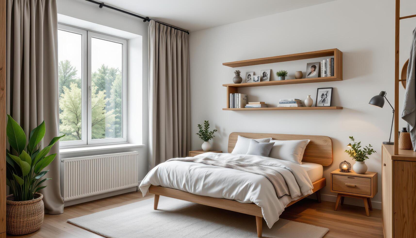 a small bedroom with floating shelves and a single bed. photo