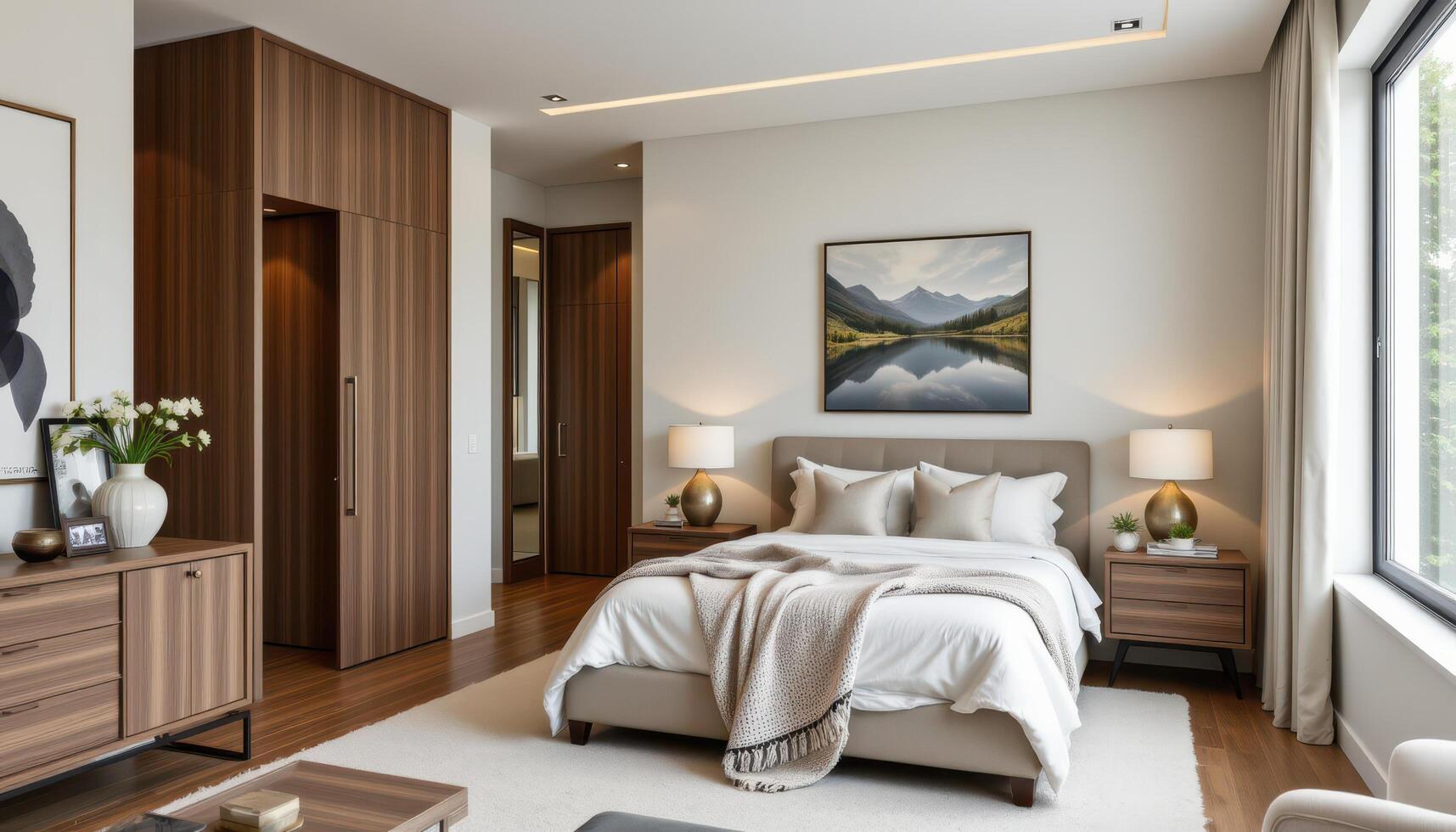 a neutral bedroom with a textured accent wall. photo