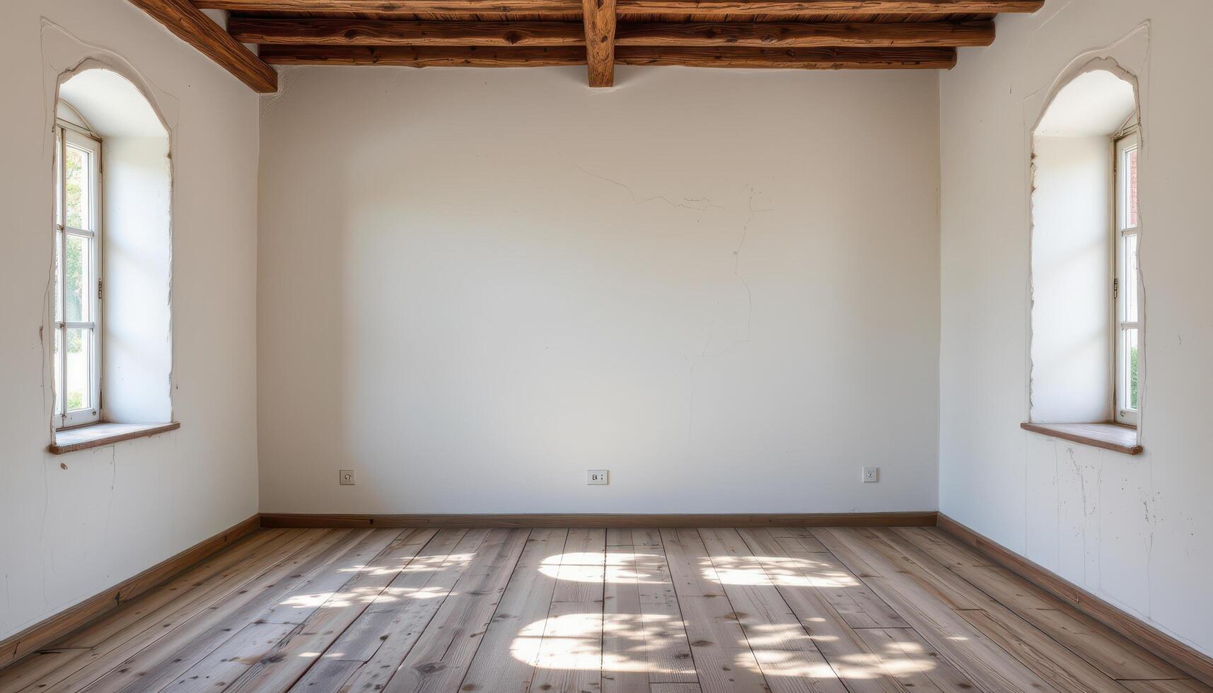 a room with rustic flooring and whitewashed walls. photo
