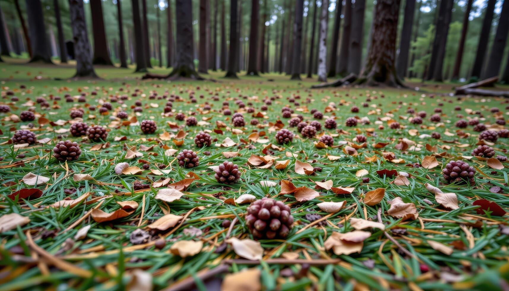 a pine forest floor covered in needles and cones. photo
