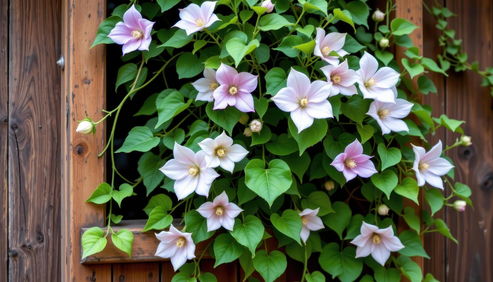 a clematis vine climbing a rustic wooden frame. photo