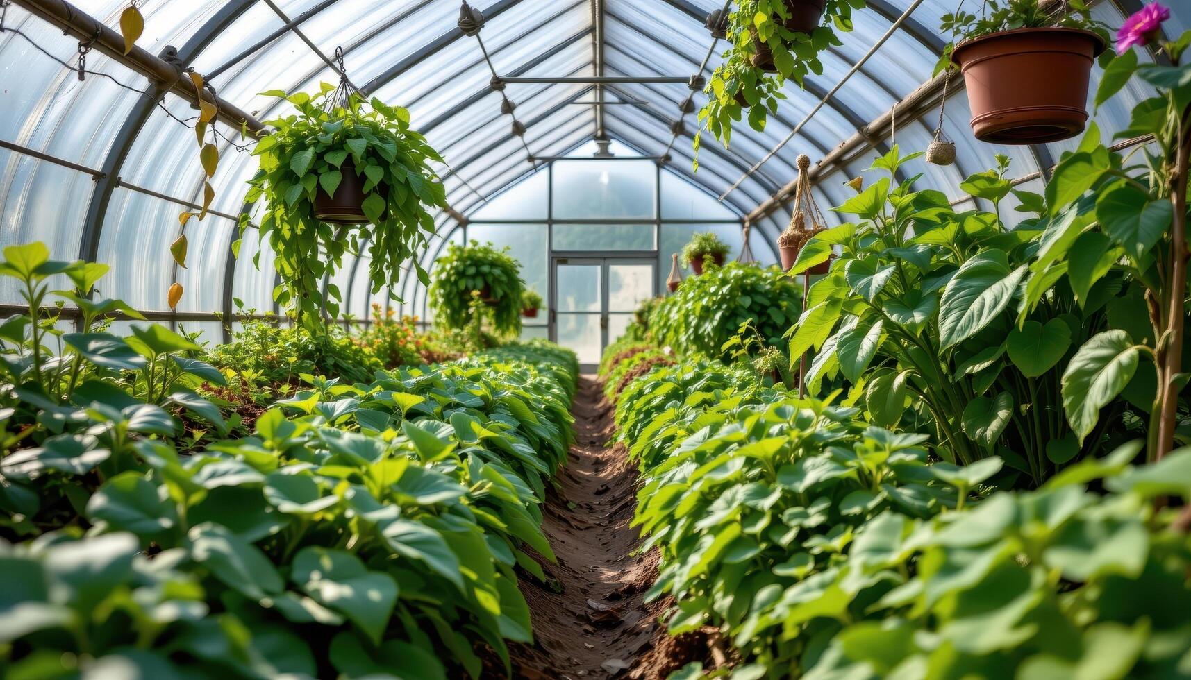 a greenhouse filled with lush green plants. photo